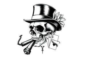 a skull with mustache, a big cigar in his mouth,top-hat on his head and playing cards in a hand. tattoo idea