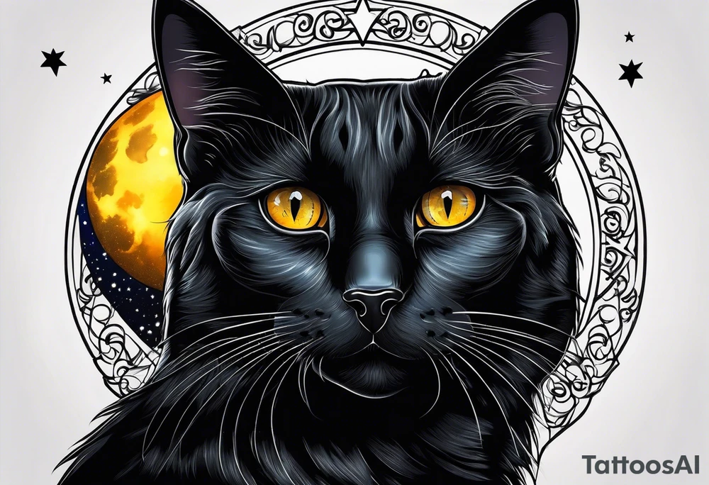 Photo realistic black cat head with moon and stars tattoo idea