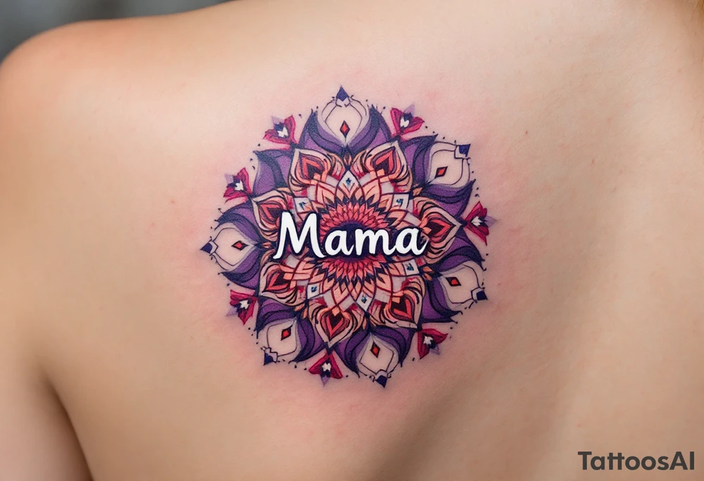 A vibrant mandala in reds and purples surrounding the small word “Mama” in white ink in between of shoulder blades. tattoo idea