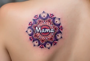 A vibrant mandala in reds and purples surrounding the small word “Mama” in white ink in between of shoulder blades. tattoo idea