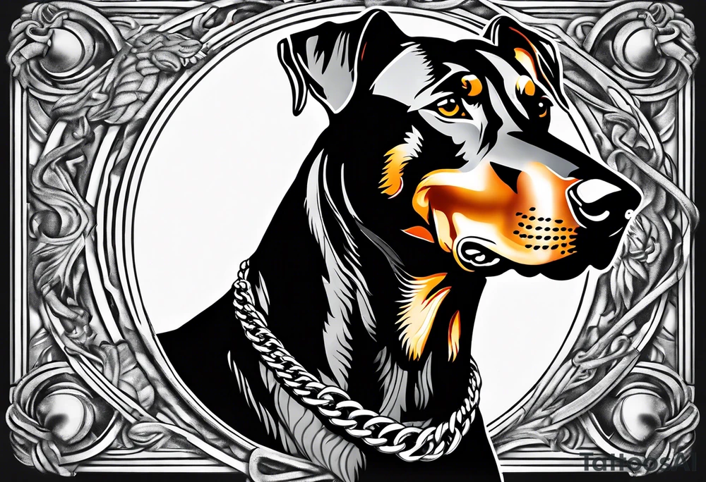 Doberman with open mouth biting
Wearing chain tattoo idea