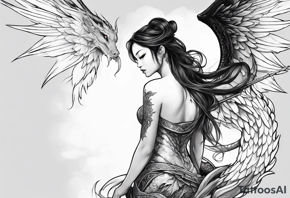 beautiful warrior nymph with large wings coming out of her back and a dragon friend tattoo idea