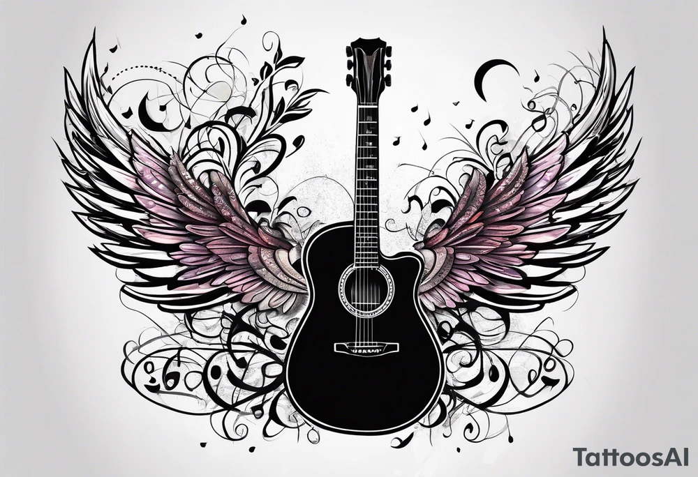 Microphone and musical notes and guitar and wings and female tattoo idea
