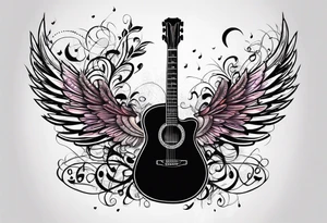 Microphone and musical notes and guitar and wings and female tattoo idea