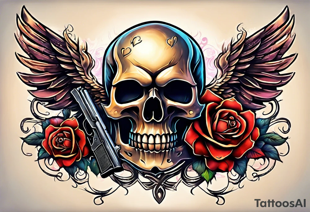 skull with a gun a  rose and dominated by a  heart with wings and  flames coming out of the top of it tattoo idea