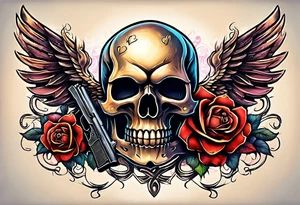 skull with a gun a  rose and dominated by a  heart with wings and  flames coming out of the top of it tattoo idea