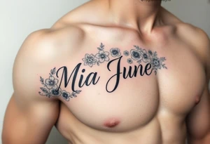 The name Mia June, surrounded by lots of flowers and shamrocks tattoo idea