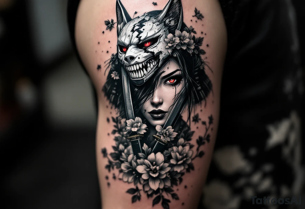 Woman samurai with red eyes wearing an half and broken kitsune mask, holding 
two katana and Sakura flowers ornement tattoo idea