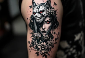 Woman samurai with red eyes wearing an half and broken kitsune mask, holding 
two katana and Sakura flowers ornement tattoo idea