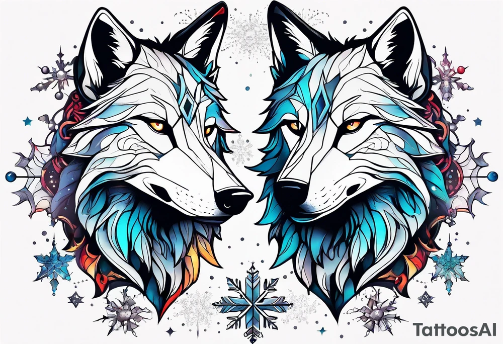 Constellation, two animal alien wolf, snowflake tattoo idea