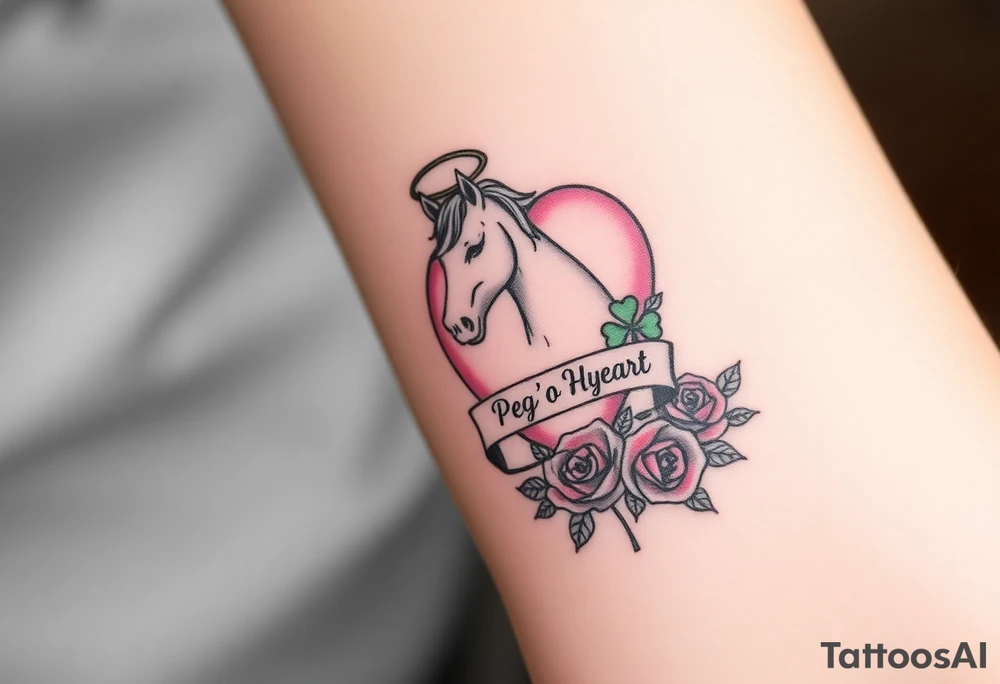 a big pale pink heart and a mare with wings and a halo and a bunch of green shamrocks, and red roses with a banner across the heart that says Peg 'o My Heart tattoo idea