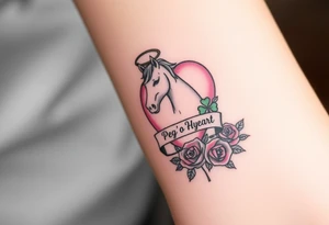 a big pale pink heart and a mare with wings and a halo and a bunch of green shamrocks, and red roses with a banner across the heart that says Peg 'o My Heart tattoo idea