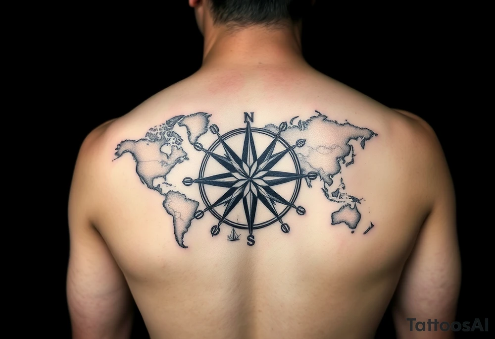 antique compass rose overlaid on weathered world map with sailing ships tattoo idea