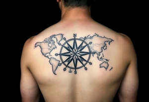 antique compass rose overlaid on weathered world map with sailing ships tattoo idea