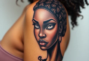 African goddess with white eyes and afro tattoo idea