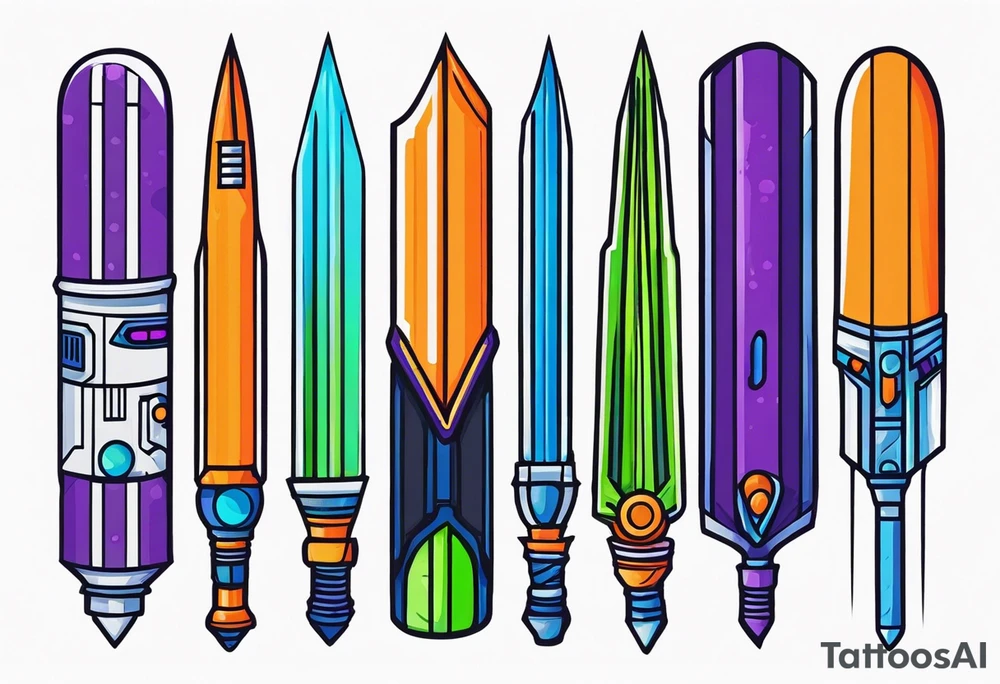 blue lightsaber, green lightsaber, orange lightsaber, purple lightsaber tattoo idea
