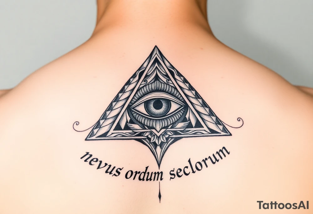Pyramid with eye in the center, surrounded by words - novus ordum seclorum tattoo idea