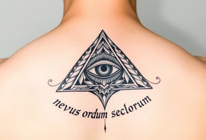 Pyramid with eye in the center, surrounded by words - novus ordum seclorum tattoo idea
