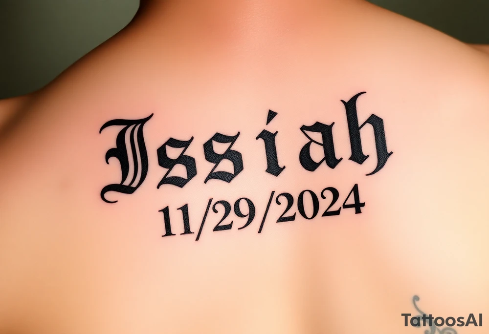 The name Isaiah in old english font and the date 11/29/2024 in Roman numerals tattoo idea