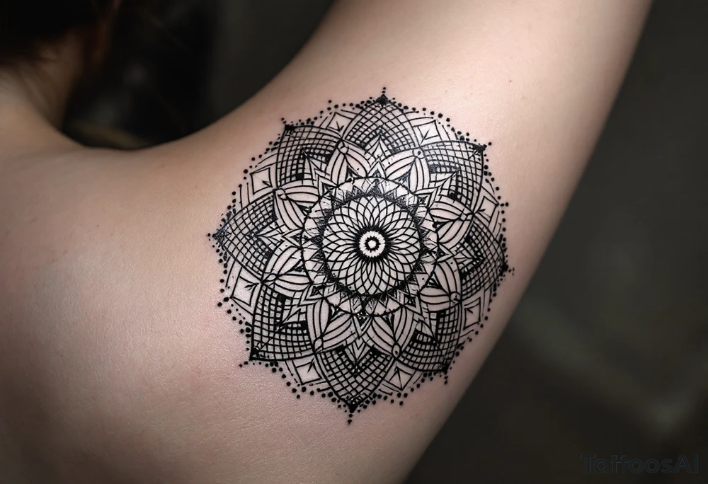 fine-line tattoo, sacred geometry mandala, centerpiece design, dotwork patterns, radiating geometry, symmetrical mandala, geometric shapes, intricate dotwork, sacred patterns, mandala center, geometric radiating, fine line work, black grey shading, minimalist design, no outlines, arm placement, delicate linework, precise geometry, clean symmetry, sacred symbols, geometric precision, dotwork details, mandala focal point, refined patterns, understated complexity, geometric harmony
\ tattoo idea