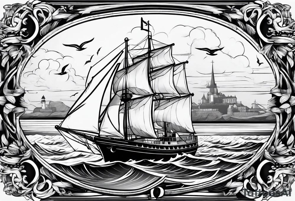 phare maritime dans un bateau a voiles vu du devant. tattoo idea