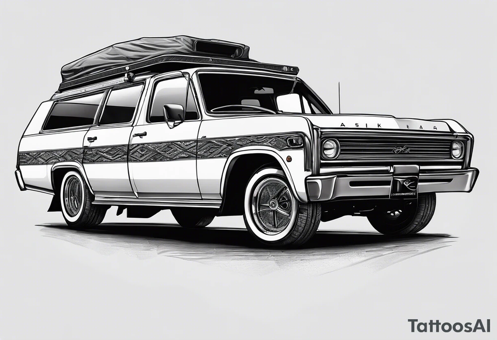 Car with a rooftent and add a citation in aboriginal Australian words in reference of the time. tattoo idea