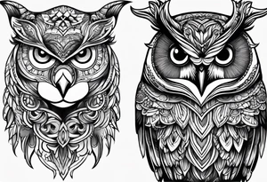a cow and an owl standing next to each other tattoo idea