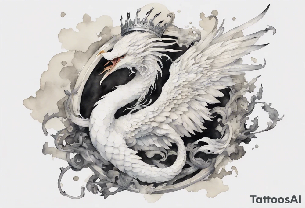 a watercolor of a white bird-serpent hybrid wearing an iron crown, flying tattoo idea