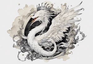 a watercolor of a white bird-serpent hybrid wearing an iron crown, flying tattoo idea