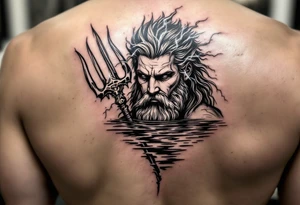 neptune with trident half way in calm water with lightning tattoo idea