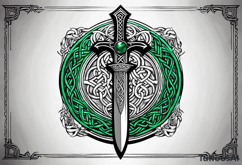 A Celtic dagger with an oak hilt turned upright and emerald gemstones on it tattoo idea