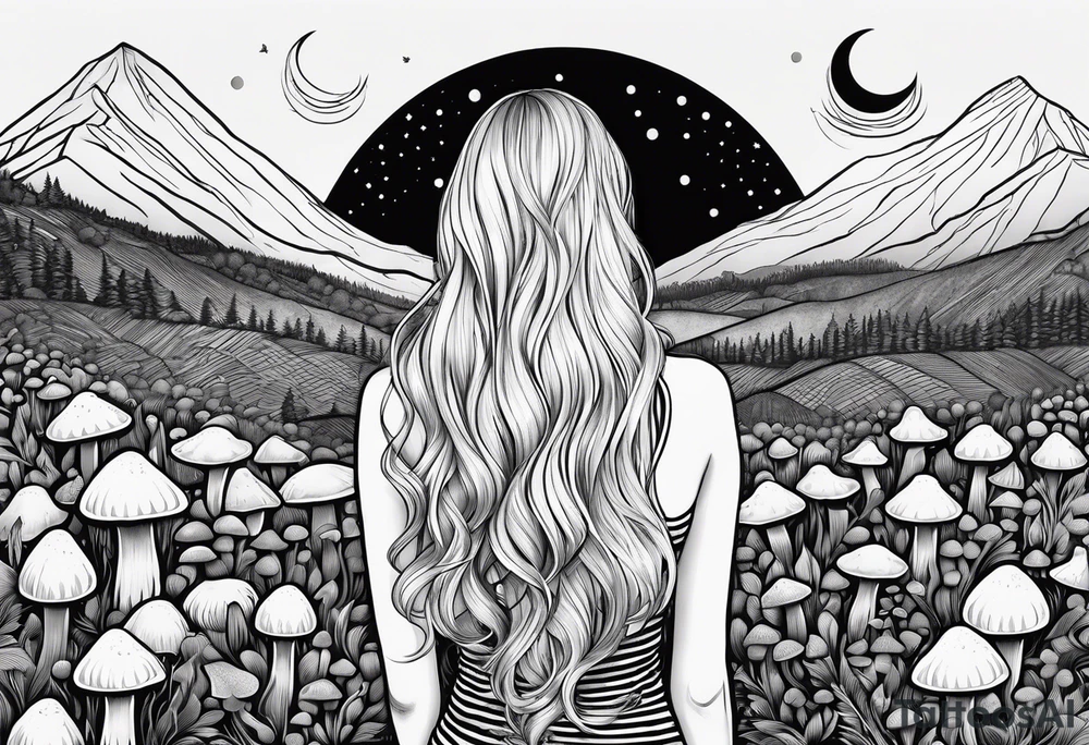 Straight blonde hair girl facing away toward mountains surrounded by mushrooms crescent moon circular design black and white striped dress tattoo idea