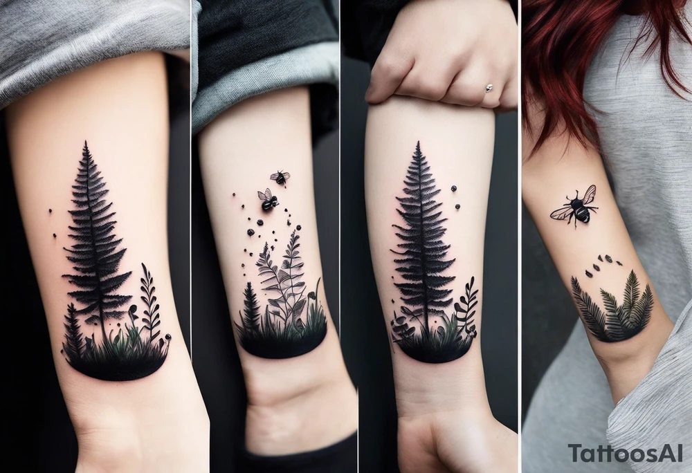 forest floor inspired minimalist tattoo, which includes grass, curly ferns, moss and dead leaves as the bulk of the tattoo. details to include: forest berries, a tiny bumblebee flying nearby, three small brown mushrooms
Generate a vertically long one tattoo idea