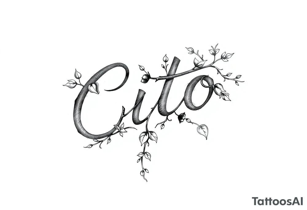 Write the name Cito but make it look like a vine with detail it should resemble cursive but keep it looking like it’s written in vine make it sideways facing left going downward tattoo idea