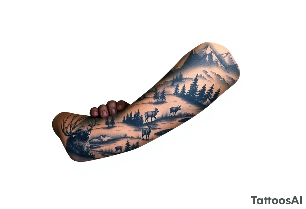 A full-sleeve with the Härjedalen landscape, reindeer, bear, lakes tattoo idea