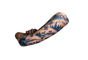 A full-sleeve with the Härjedalen landscape, reindeer, bear, lakes tattoo idea