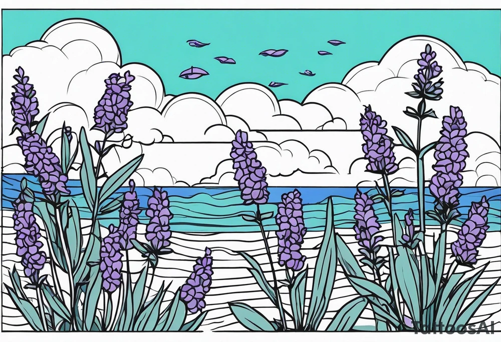 lavender flowers, ocean and sky in the background. tattoo idea