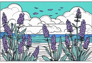lavender flowers, ocean and sky in the background. tattoo idea