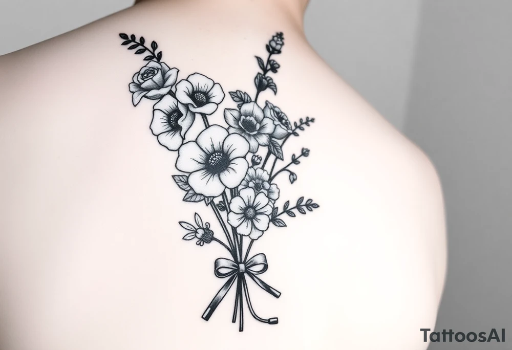 6 inches tall by 4 inches wide approximately, black and white tattoo with a bouquet of hollyhocks, one wild rose, and two wild flowers, include a stethoscope along the side without putting it into the bouquet and the name June Etta , make the tattoo taller than it is wide, make the bouquet have a bow towards the bottom holding the flowers like they had just been picked from the garden still with the stethoscope along the side tattoo idea