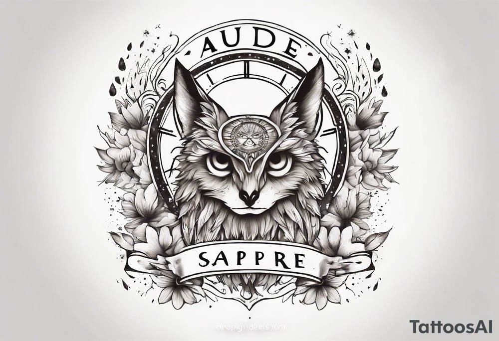 halb 
Fuchs halb Eule unter der Sonne mit dem Schriftzug Sapere Aude tattoo idea