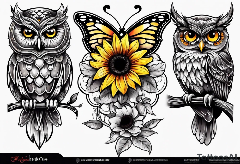 Small owl with butterfly and sunflower leg sleeve tattoo idea