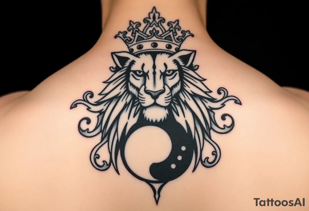 majestic lion wearing ornate crown, surrounded by baroque flourishes yin and yang tattoo idea