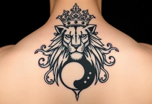 majestic lion wearing ornate crown, surrounded by baroque flourishes yin and yang tattoo idea