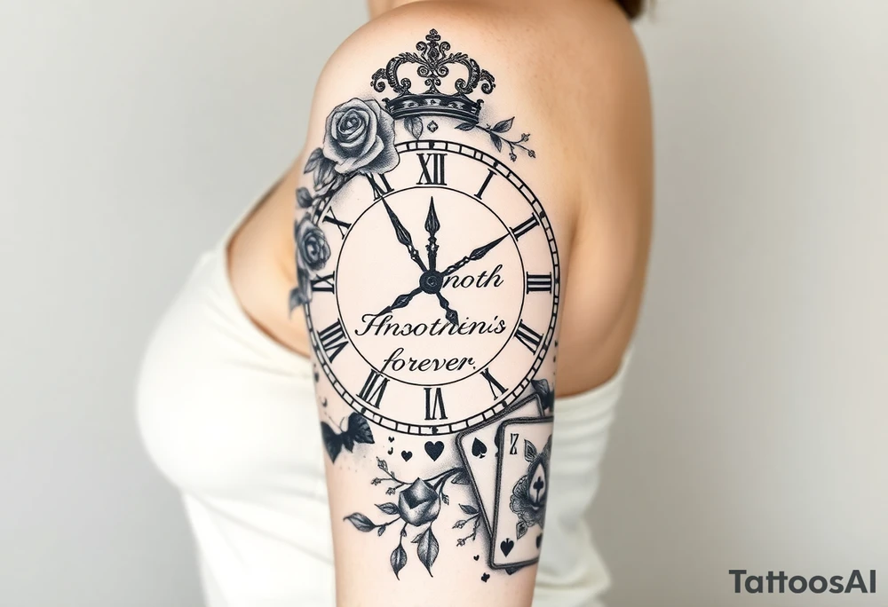 Roman clock with roses and a crown,  a quote that says nothings forever. and on the bottom a deck of cards tattoo idea