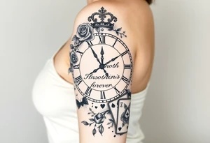 Roman clock with roses and a crown,  a quote that says nothings forever. and on the bottom a deck of cards tattoo idea