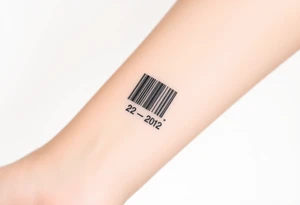 A sleek, minimalist barcode with the couple’s wedding date (22 - 12 - 2012) hidden in the numbers under barcode tattoo idea