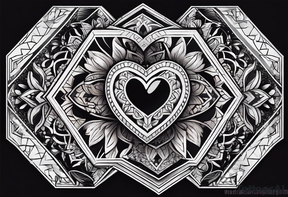 black hexagon heart with black background tattoo idea