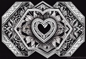 black hexagon heart with black background tattoo idea