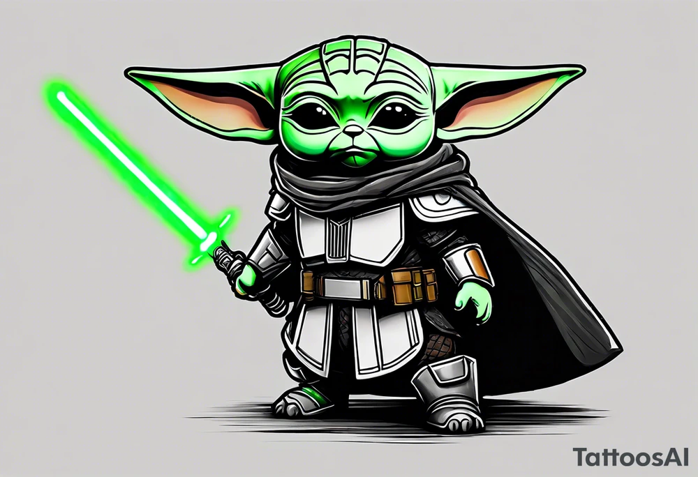 Baby grogu wearing black mandalorian armor,  and  wielding a green lightsaber tattoo idea
