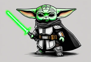 Baby grogu wearing black mandalorian armor,  and  wielding a green lightsaber tattoo idea